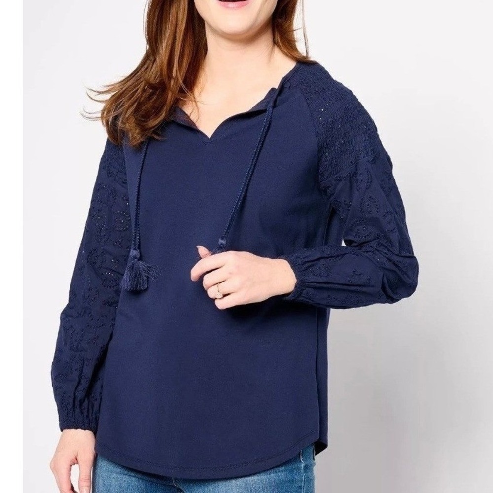Belle by Kim Gravel Eyelet Everything Mixed Media Top Twilight Blue Small NEW